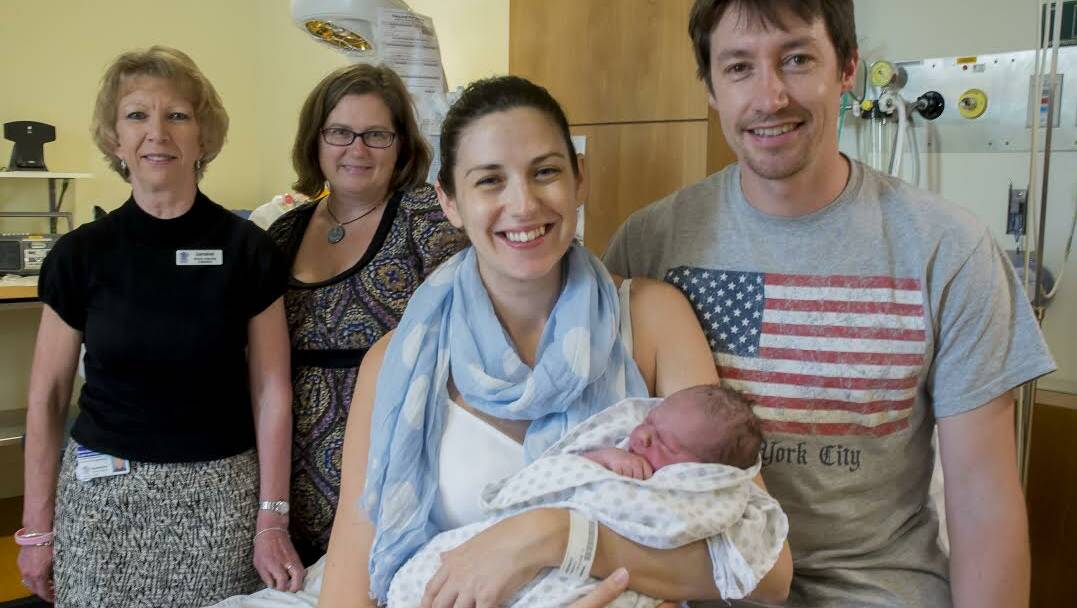 parents Danielle and Stephen Brierley with Logan Bayside Health Network’s Director of Nursing and Midwifery Services Lorraine Stevenson (back row left) and Midwife Deborah MacGillivray.