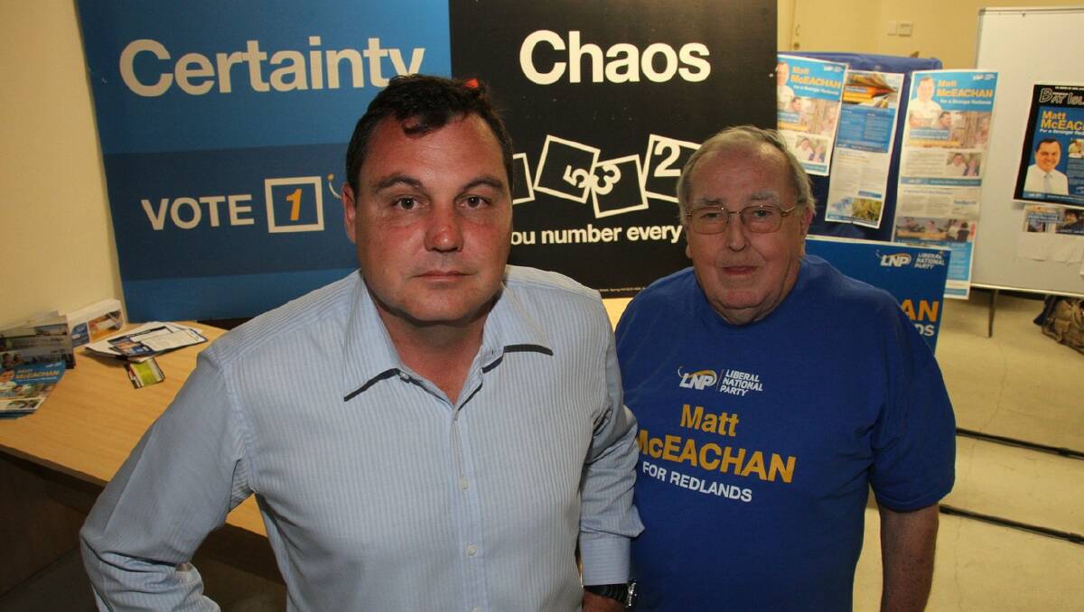 LNP candidate for the seat of Redlands Matt McEachan with deputy campaign director Bob Harper. 