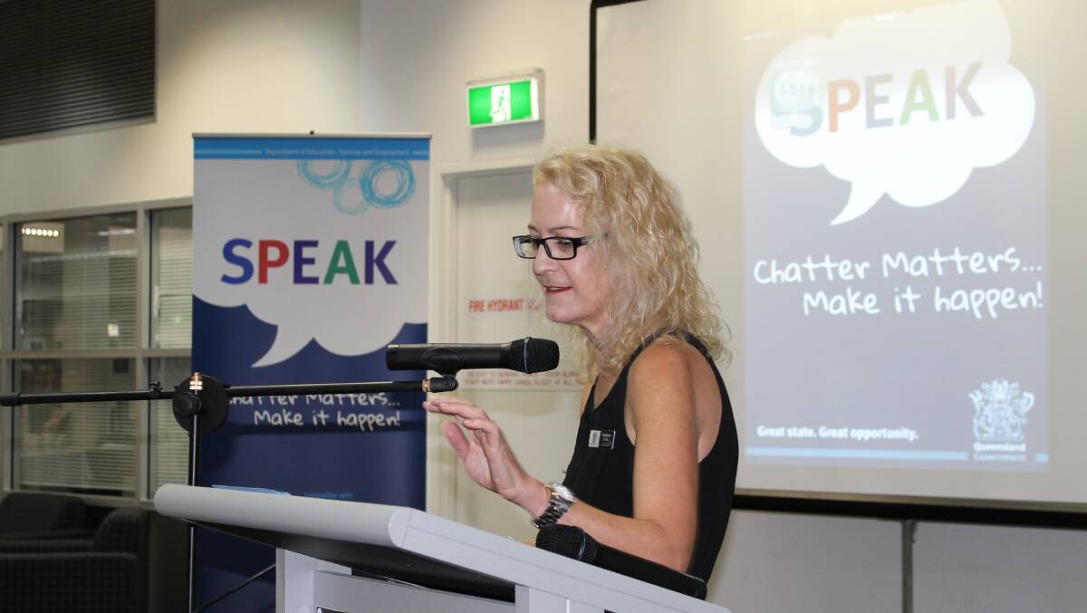 Cleveland State School deputy principal Stephanie Crick speaks to a crowd at Cleveland Library about how the app helps parents teach their kids language skills. PHOTO: Judith Kerr 