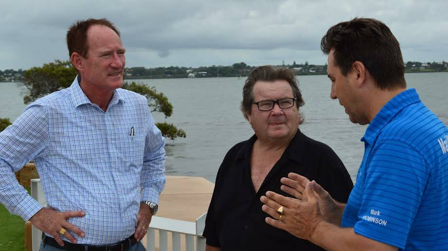 Minister Steve Dickson with  RSL Fishing Club president Peter Germain and Cleveland MP Mark Robinson. 