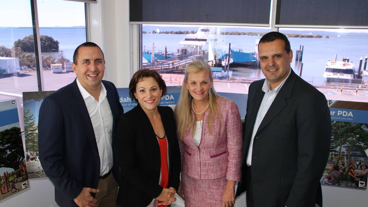 Deputy premier Jackie Trad with Redland mayor Kare Williams, right, meet Walker Corporation general manager Peter Saba and Capalaba MP Don Brown at the Cleveland ferry terminal. PHOTO: Chris McCormack