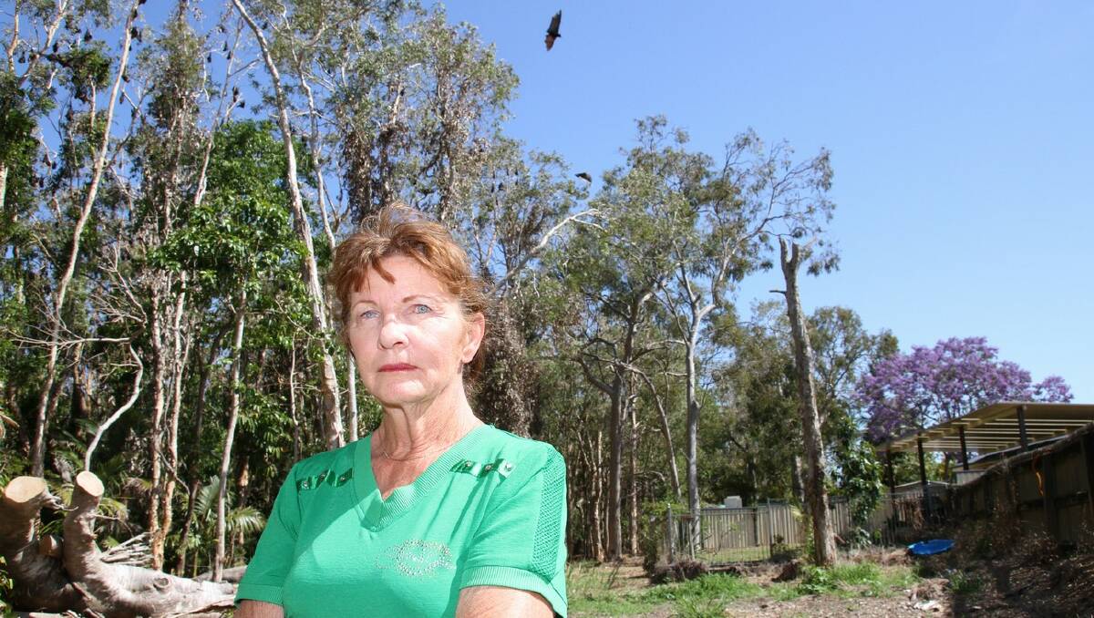 Capalaba resident Lyn Sloane stands in front of the bat colony which makes a lot of noise and mess near her home. PHOTO: Chris McCormack