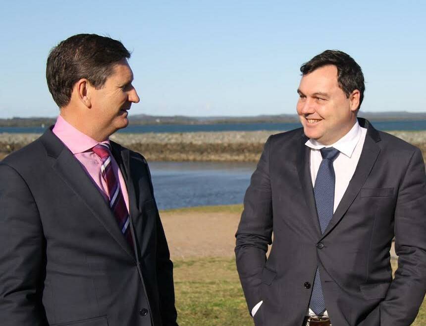 Opposition Leader Lawrence Springborg with Redlands MP Matt McEachan inspect the Weinam Creek ferry terminal at Redland Bay. 