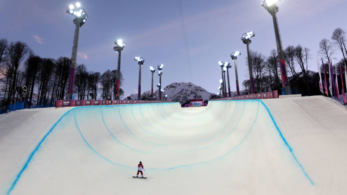 An athlete makes a practice run ahead of the Snowboard Women's Halfpipe Semifinals on day five of the Sochi 2014 Winter Olympics at Rosa Khutor Extreme Park on February 12, 2014 in Sochi, Russia. Photo: GETTY IMAGES