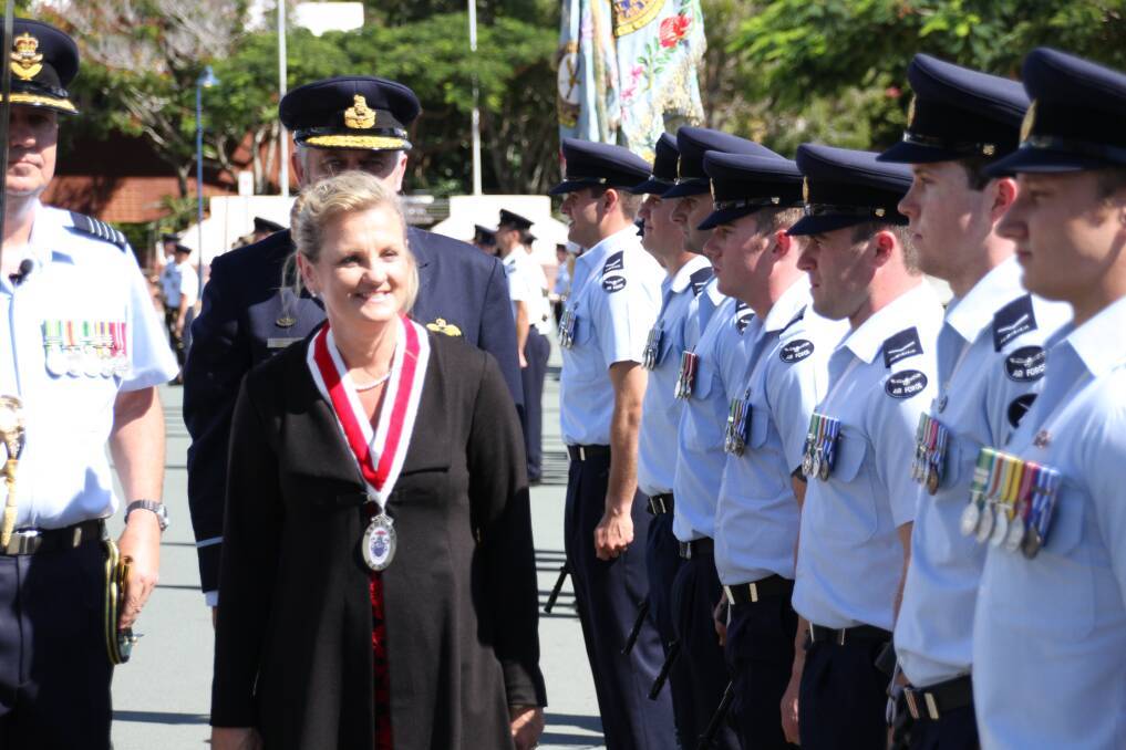 RAAF Freedom of Entry to Redland City: Redland Mayor Karen Williams inspects the parade. Photo by Chris McCormack