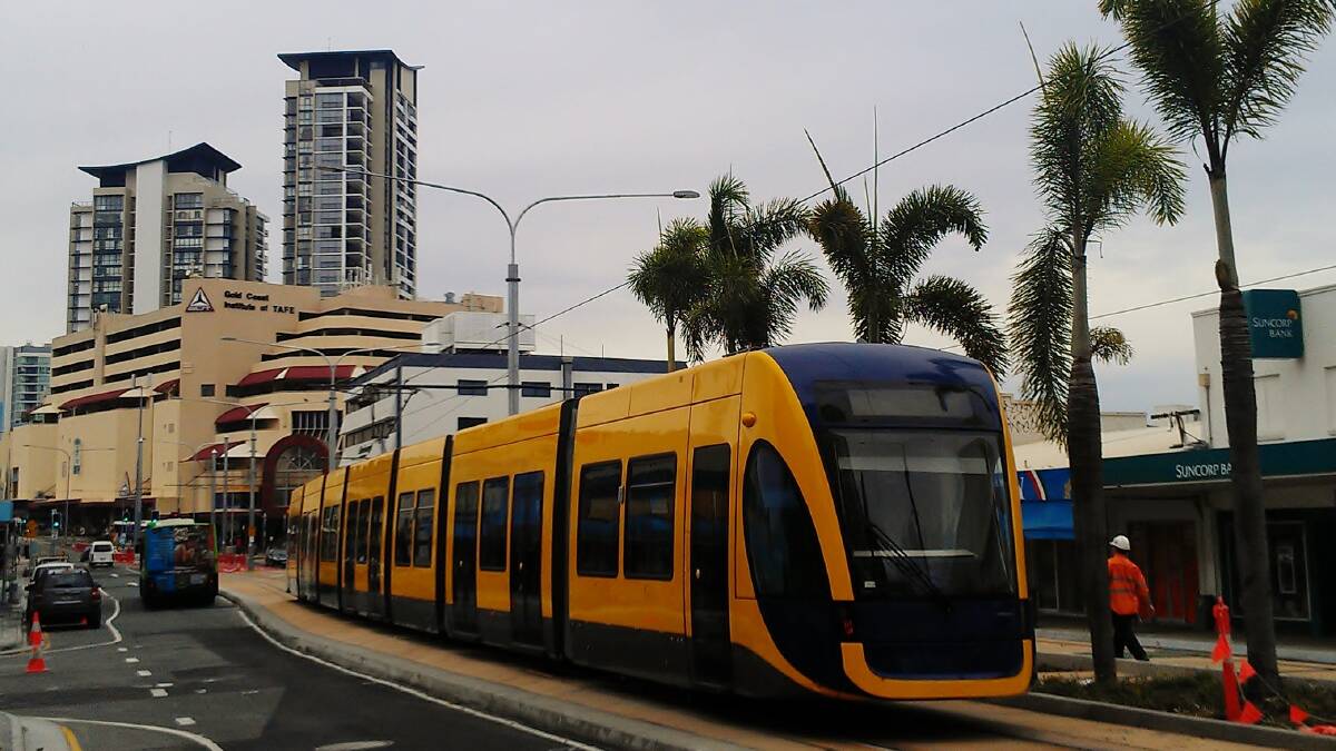A  Gold Coast light rail tram in Southport: Photo supplied by GoldlinQld