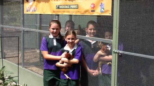 Calvary Christian College students outside their hen enclosure. 