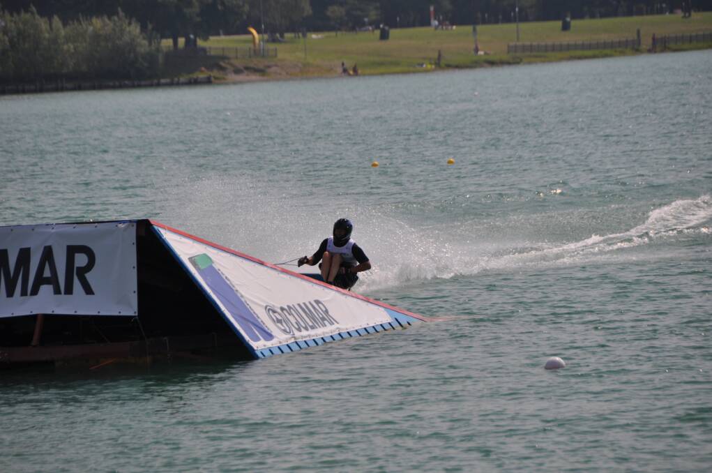 Paraplegic waterskier Scott Wintle in action winning gold in the Jump event at this year's World Disabled Water Ski Championships in Milan.