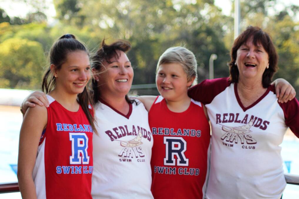 Redland Swim Club has been a club for champion swimmers and for families, like the Beutel family, pictured, in which Merryl Beutel (right) worked in the canteen at Cleveland Aquatic Centre from 1991 to 1998 and is now a life member of Redlands Swim Club. Her daughter, Michelle Beutel ( second left), was also a club member from 1986 to 1990, and Michelle s children Emily, 14, and Ryan, 12, Jamieson are current members and have represented the club at state championships.    
Photo courtesy of Redlands Swim Club