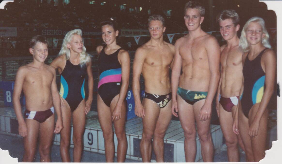 A blast from the past: Redlands Swim Club swimmers at the 1992 State Titles, from left, Victor Larder, Tanya Smith, Jessie Hamilton, Scott Dales, former Olympian Glen Housman, Scott Forno and Amanda Smith. 
Photo courtesy of Redlands Swim Club
