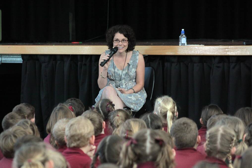 American playwrite Ann Marie Gardinier Halstead speaks to Mary MacKillop Primary School Birkdale students about her play about bullyingPhoto by Chris McCormack