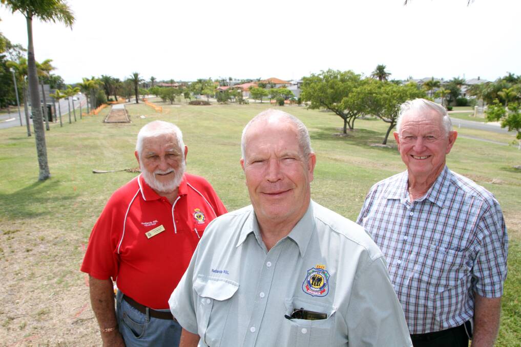 Redlands RSL sub branch vice president Les Warner, president Alan Harcourt and National Servicemans Association Redlands branch president Eric Shaw stand on the land that council will grant the RSL a memorial area which sits opposite the cenotaph at Cleveland.Photo by Chris McCormack