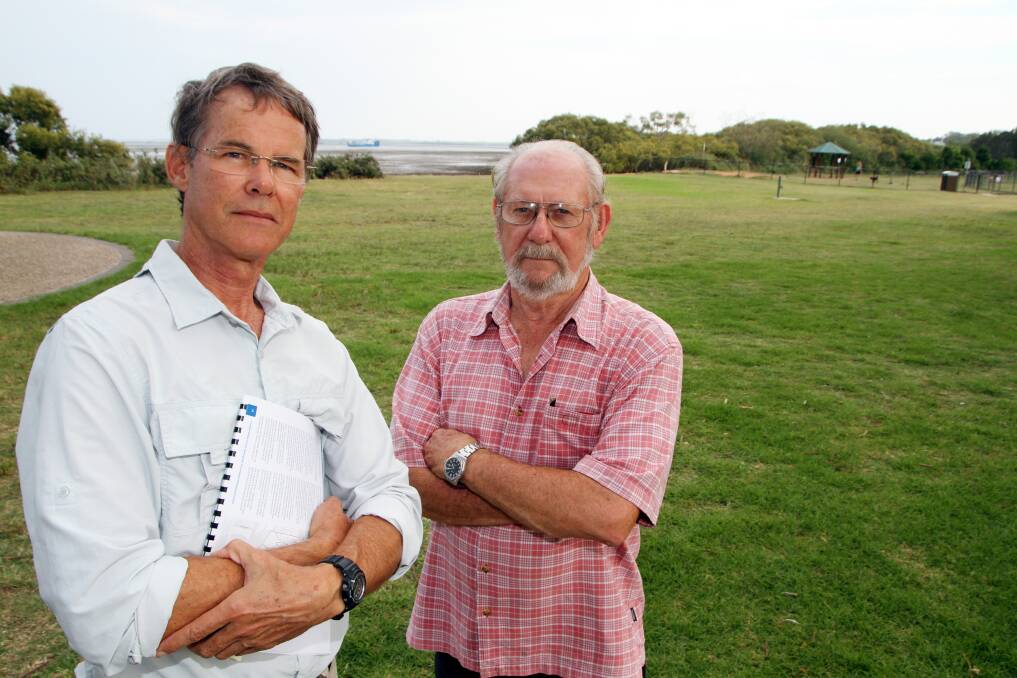 Former State Government Marine Planning expert David Savage and Cleveland resident John Berry at G.J. Walter Park on the Toondah harbour foreshore.Photo by Chris McCormack