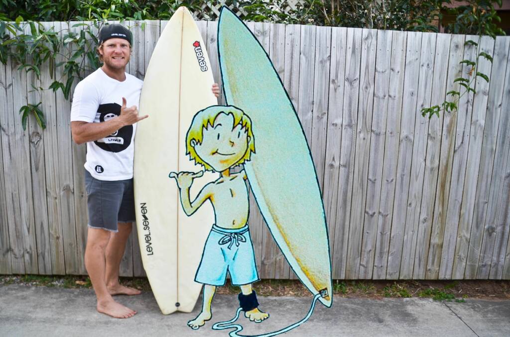 Victoria Point surfer Kieron Douglass wants to inspire children to chase their dreams. He was inspired ti write Little Ron and His Big Dream after meeting and surfing with 11 times world champion Kelly Slater.  
Photo by Kieron Douglass, illustrated by Geoff Johnston.