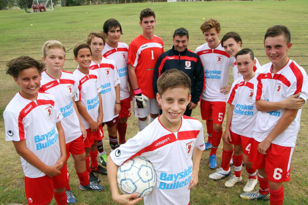 NOVEMBER: Redlands United Football Club players going to Europe to compete - Mason Otto, front with l-r- at back- James Keogh, Luke Morris, Cooper McCormack, Tom Ashcroft, Jordan Good, Benjamin Merkel, tour manager Kevin Westerdale, Marcus Harris, Carlton Westerdale, Isaac Harriss and Jack Jagger.