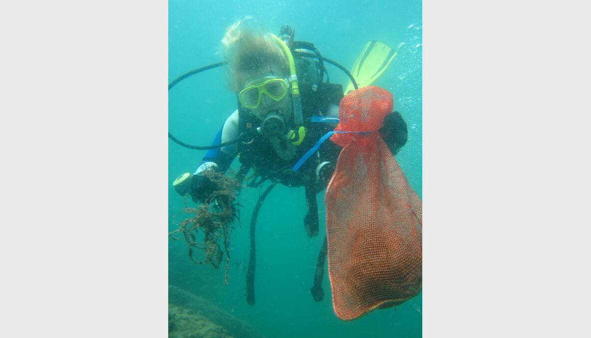 A diver from Reef Check Australia bags some rubbish in waters off Amity Point. Photo: Reef Check.