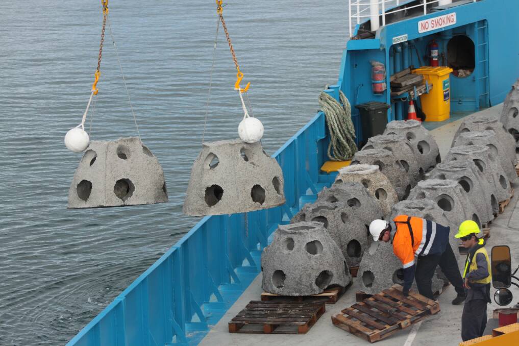 JUNE: Reef balls are plopped into the waters off Peel Island to create an artificial reef. PHOTO: Chris McCormack