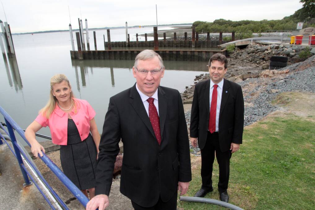 MAY: Redland mayor Karen Williams with deputy premier Jeff Seeney and Cleveland MP Mark Robinson at Toondah Harbour, when it was declared a priority area. Photo: Chris McCormack