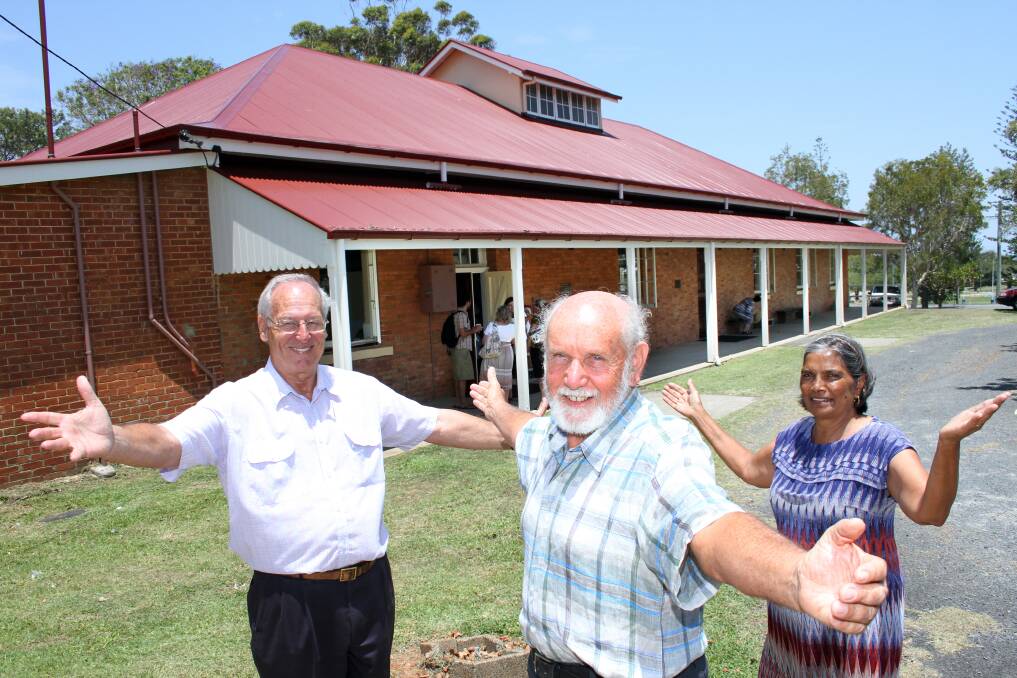 DECEMBER: North Stradbroke Island Historical Museum president Geoffrey Moore, Howard Gill and Quandamooka elder Evelyn Parkin celebrate the 100th anniversary of Dunwich Public Hall. Photo by Chris McCormack