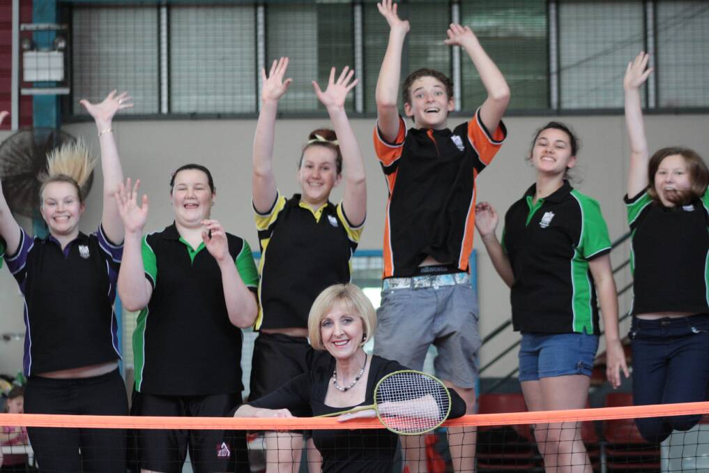 JULY: Minister for Youth and Communities  Tracy Davis with PCYC Redlands Youth Management Team members from left - sisters Samantha,17, Georgia,14 and Jennifer Williams, 14, Josh Phillips, 14, Tilley Powell, 15 and Antonya Raines, 14 join in the games at the Redlands PCYC. Photo by Chris McCormack