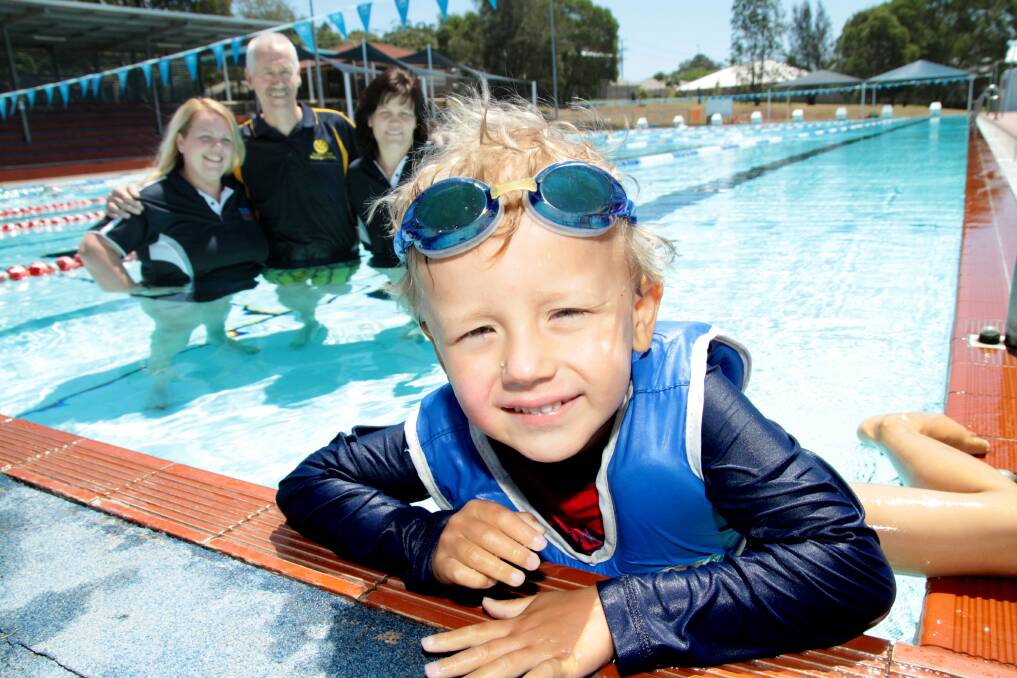 OCTOBER: Oscar Wilson, 4 of Victoria Point has battled childhood cancer and Julie Mearns, Gordon Lawrence and Sue Fitzgerald from the Bayside Bulletin will take part in a swimathon to raise money for the Kids Cancer Project and Alannah and Madeline Foundation. Photo by Chris McCormack