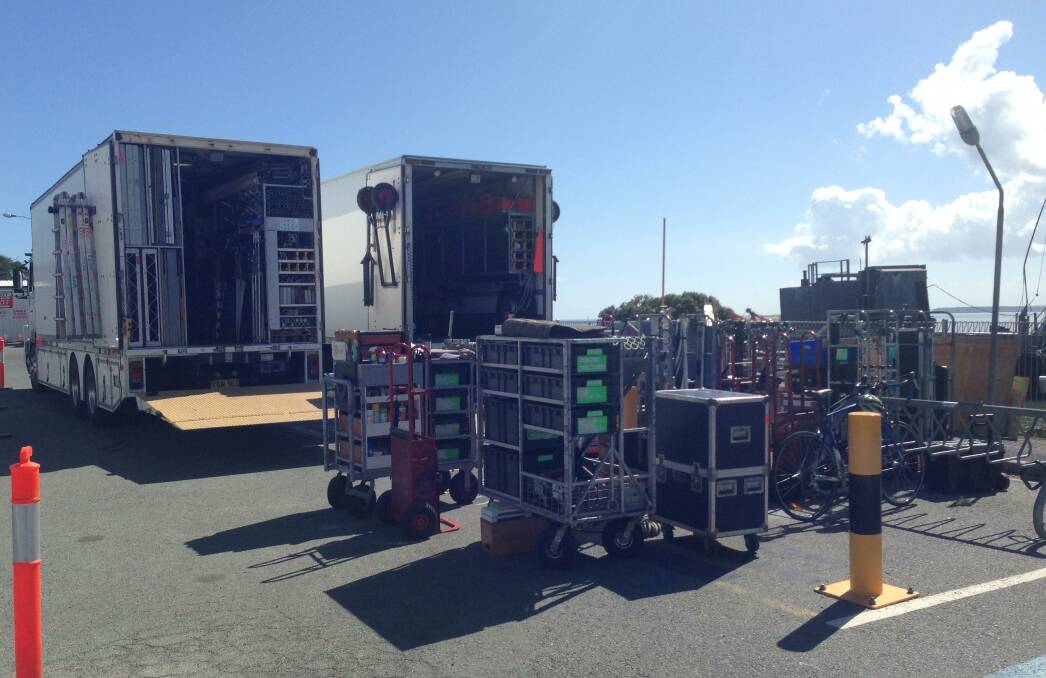 Unbroken production crews prepare equipment for the start of the Unbroken shoot on Moreton Bay.