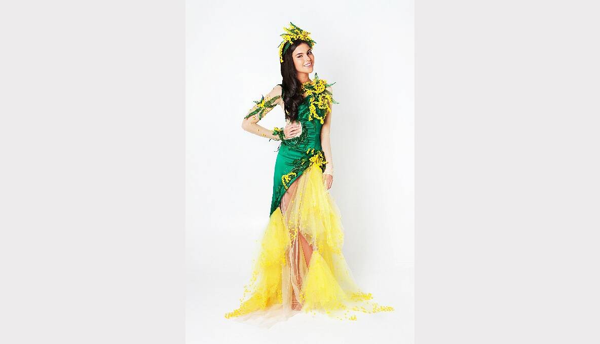 Miss Universe Australia contestant Olivia Wells wears Brandon Bazley's "Golden Cascade" dress.