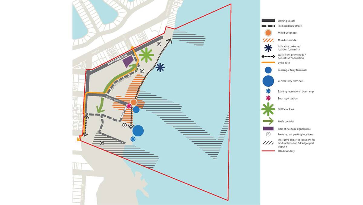 The map showing precincts under the Toondah Harbour PDA. A breakwater/reclaimed land juts out to form a a beach and marina in front of GJ Walter Park 