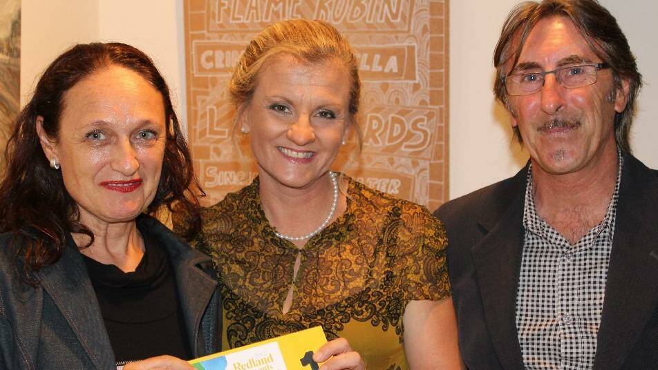 : Claudine Marzik, first prize winner of the 2012 Redland Art Awards with mayor Karen Williams and judge David Burnett. 