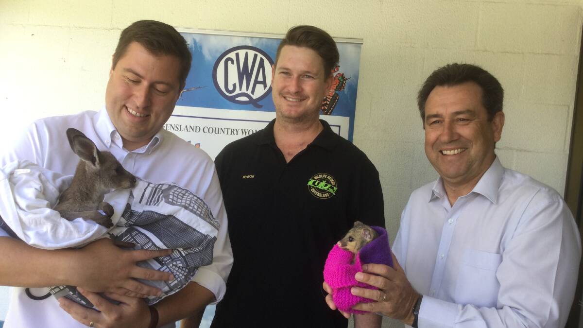 CUTE AND CUDDLY: Federal LNP candidate Henry Pike, Queensland Wildlife & Rescue president Byron Cann and Oodgeroo MP Mark Robinson joined the CWA for their seniors week celebrations.