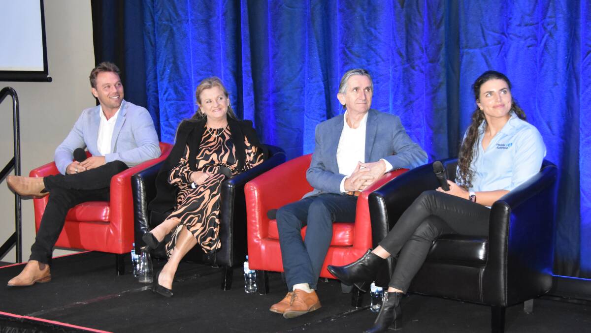 FORUM: Birkdale local and Australian actor Lincoln Lewis, Redland City Mayor Karen Williams, outgoing Queensland Tourism Industry Council CEO Daniel Gschwind and kayak slalom Winter Olympic gold medalist Jessica Fox. Picture: Emily Lowe.
