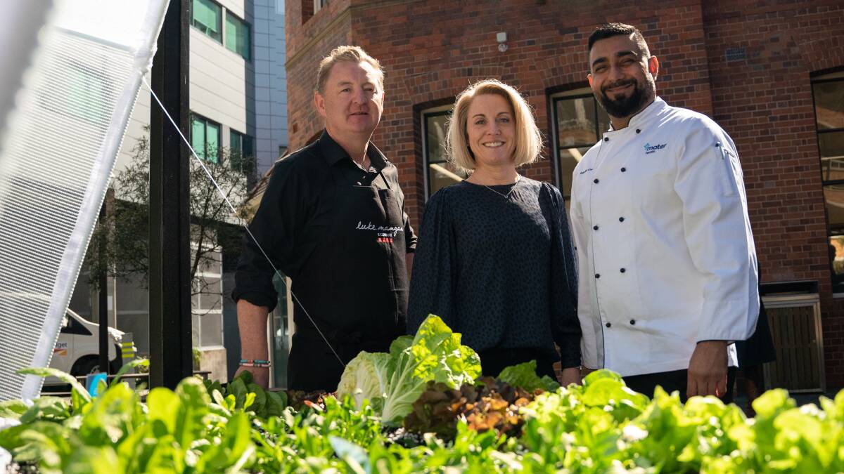 Chef Luke Mangan, Mater Director of Dietetics and Food Services Sally McCray, Executive Chef Aman Marwah. Picture supplied.