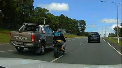 DASH CAM: Police believe the motorcyclist pictured was involved in two separate incidents in Thornalnds on Monday afternoon and Capalaba on Tuesday morning.