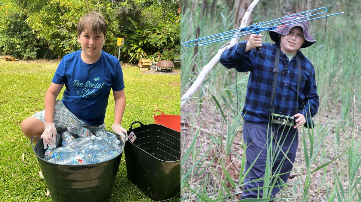 Thomas Palmer on the left with bottles he has collected and on the right learning koala detection skills. Pictures supplied