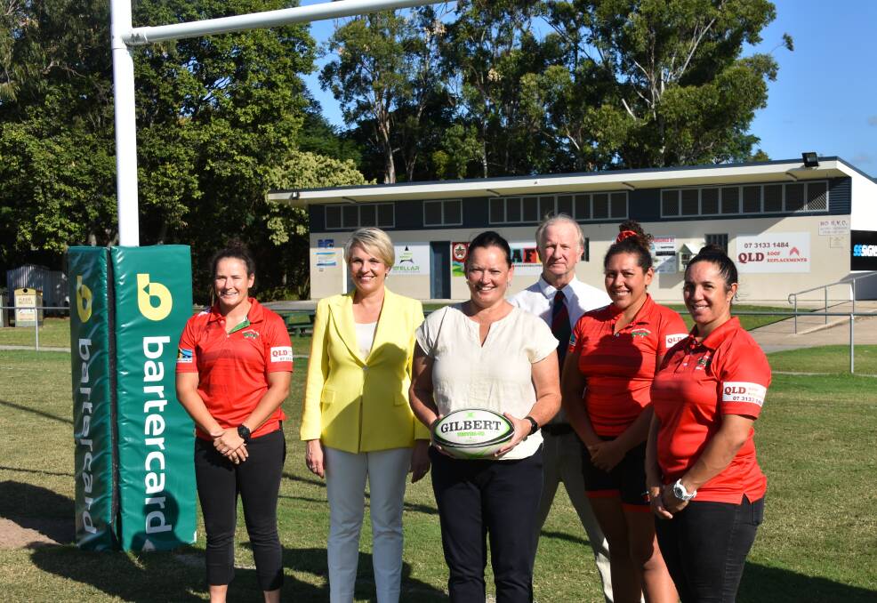 KICK OFF: Rugby 7s Olympian Shannon Parry, shadow minister for women Tanya Plibersek, Bowman Labor Candidate Donisha Duff, Redlands Rugby Union President Michael King, women and girls assistant coach Alisa Wilson, women and girls head coach Cheyenne Campbell. Photo: Emily Lowe.