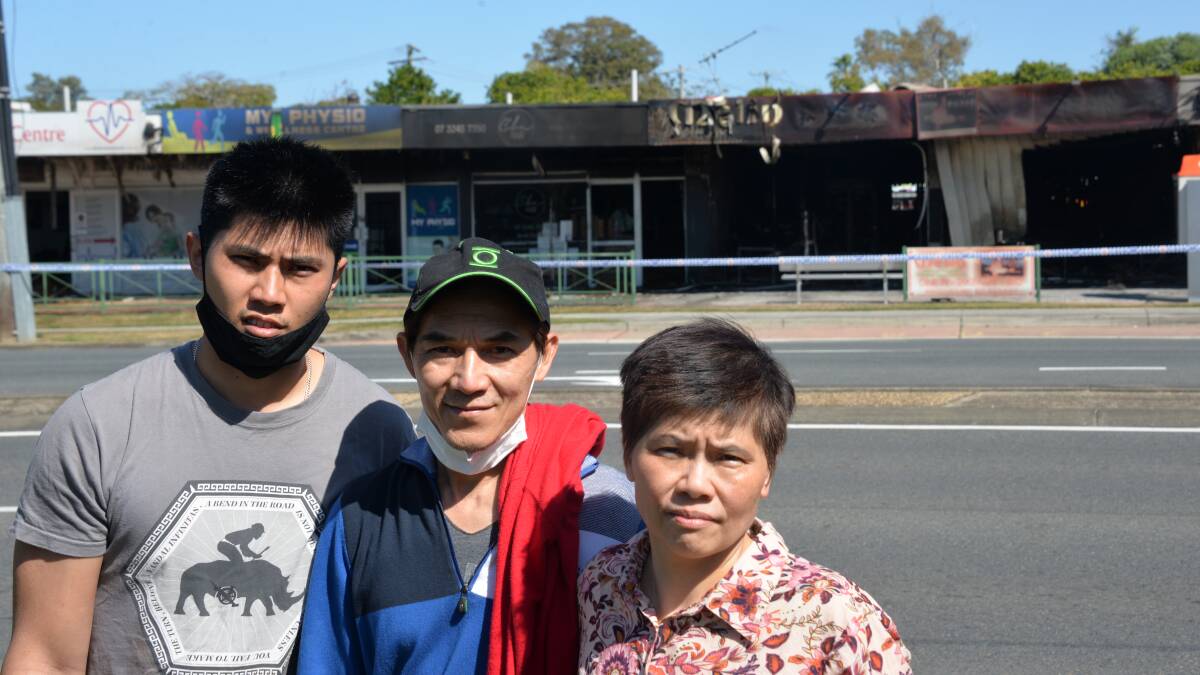 GUTTED: Richard, Kim and Monica Tran's family owned business Melin Vietnamese and Chinese Restaurant was gutted in a fire on Old Cleveland Road this morning.