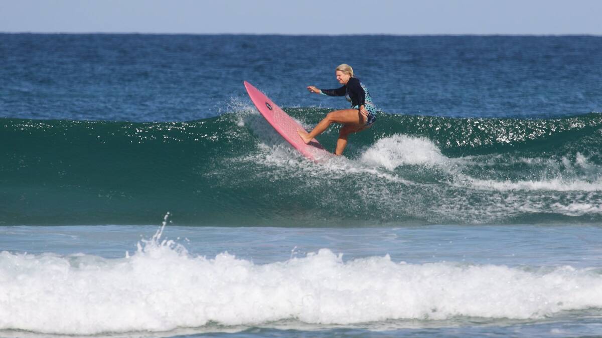 Leith Goebel said she was easily recognised in the water with her pink board. Picture by Fiona Pyke of Straddie Surf Pics.