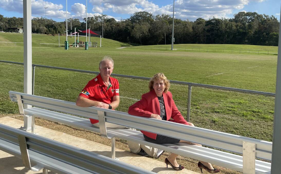 Redlands Rugby Union president Mike King and Division 8 Councillor Tracey Huges under the new shade structures. Picture by Jeremy Cook.