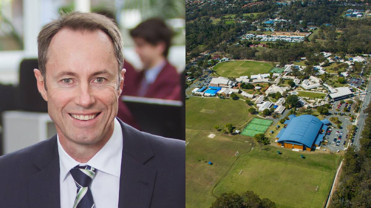 Ormiston College headmaster Brett Webster beside an aerial view of the school in 2014. Picture supplied and file picture