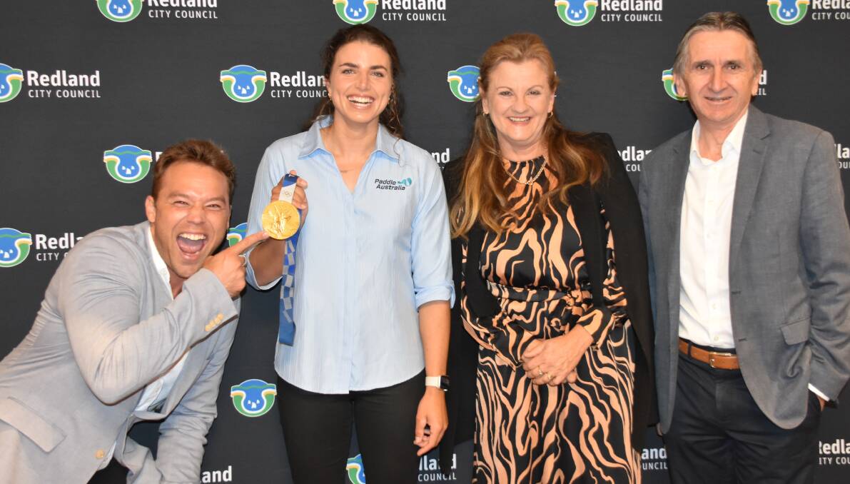 GO FOR GOLD: Lincoln Lewis, Jessica Fox, Karen Williams and Daniel Gschwind discussed the Birkdale Community Precinct's legacy after the 2032 Brisbane Olympics. Picture: Emily Lowe.