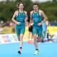 Sam Harding and his guide Harvey Luke of Team Australia in action on way to winning silver in the Mens Para Triathlon PTVI on day three of the Birmingham 2022 Commonwealth Games. (Photo by David Ramos/Getty Images)