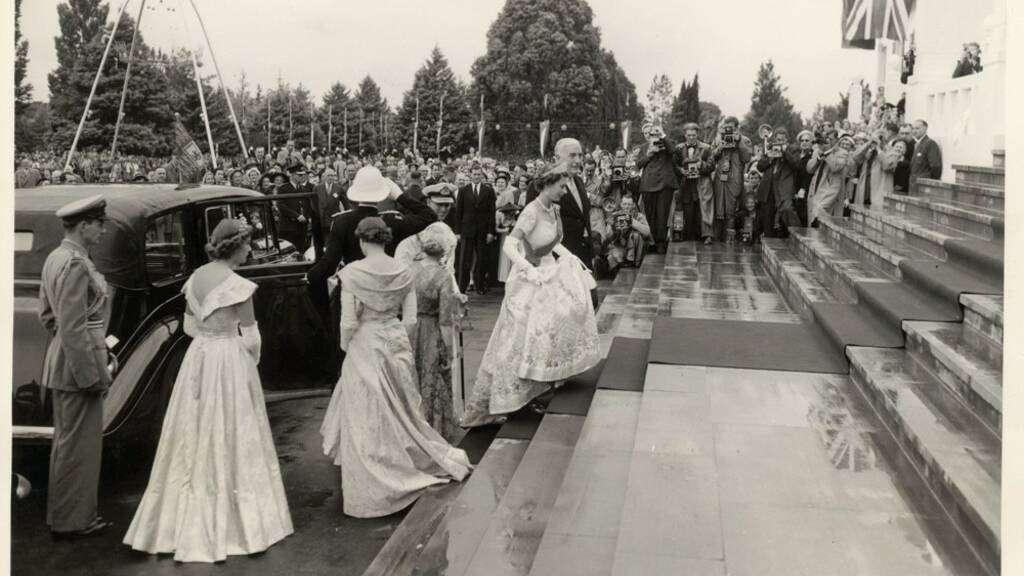 Queen Elizabeth walks up the steps of Old Parliament House in 1954. Picture: Museum of Australian Democracy