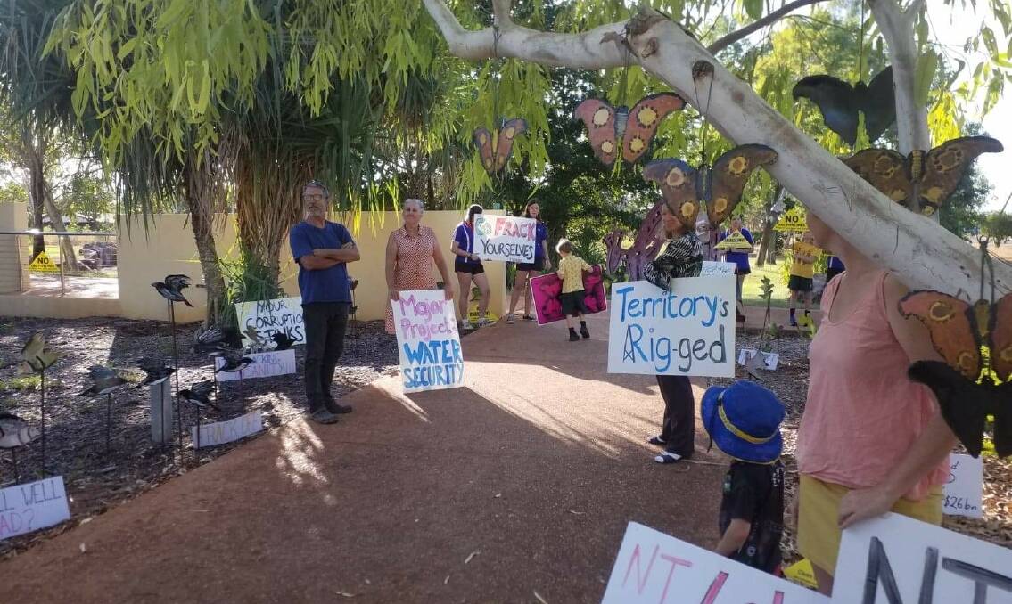 RALLY: Protesters gathered in Katherine outside a resources conference in May. Picture: Supplied.