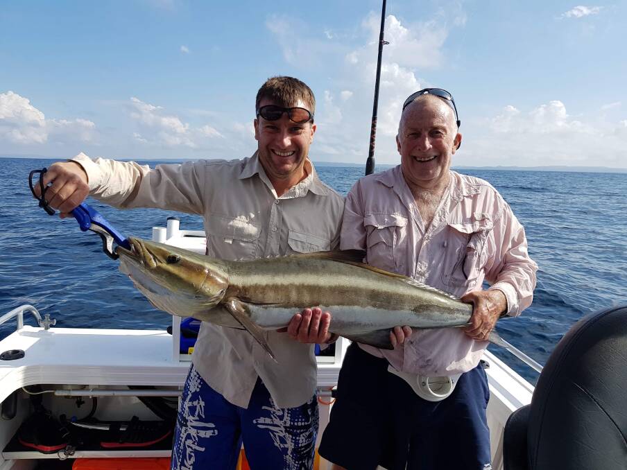 FAMILY AFFAIR: Father and son duo, Tom and Mitch Pitceathly with a nice cobia caught on the 36s east of Jumpinpin.