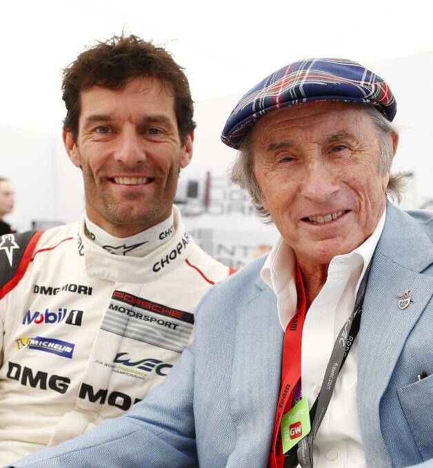 LEGENDS: Mark Webber with racing legend Sir Jackie Stewart. Webber said Stewart helped him make the decision to retire from professional racing. Photo: Porsche Media.