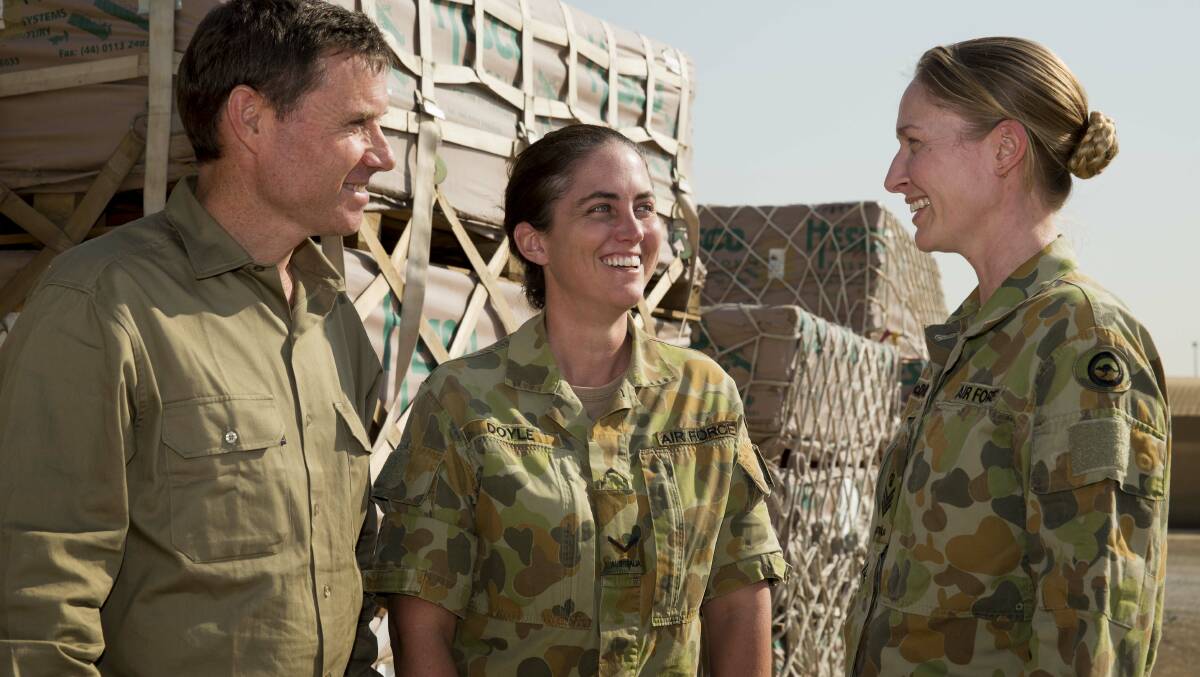 Redlands united: Bowman MP Andrew Laming meets Redland serving personnel in the Middle East, Leading Aircraftman Corporal Bonnie Doyle and Flight Sergeant Andrea McDonnell.