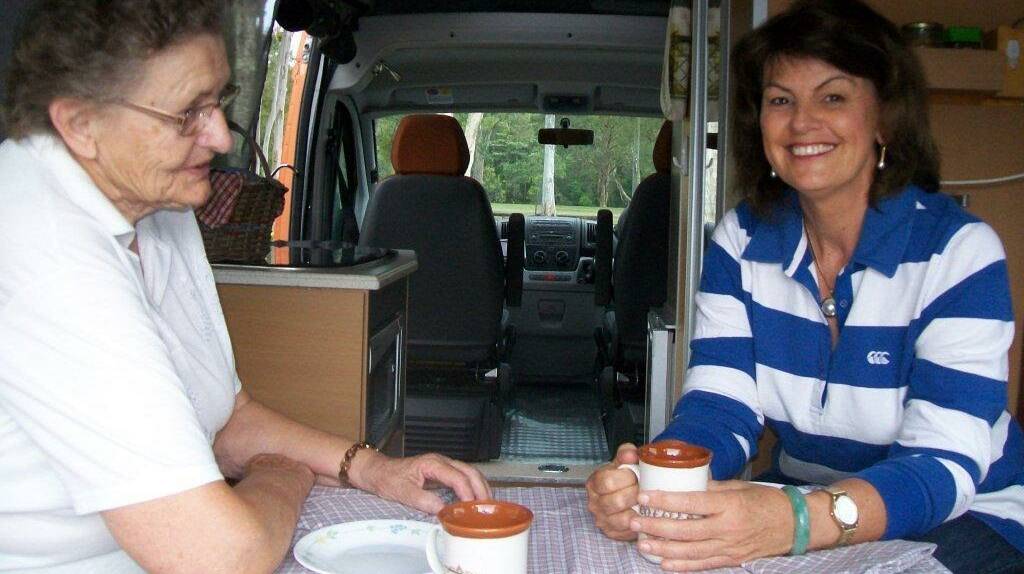 Pat Martin and Cr Wendy Boglary have a cuppa in the RV