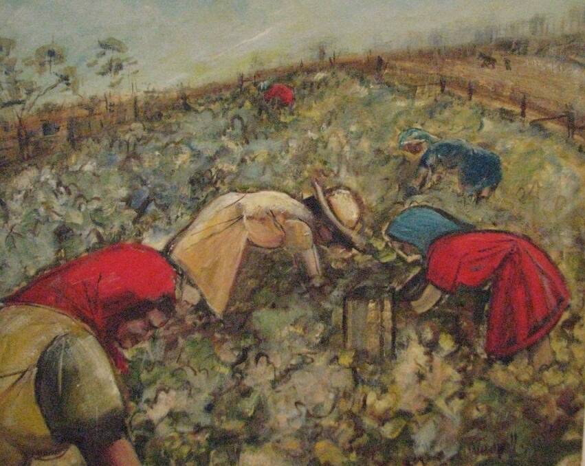 Rich history: Italian women farming beans in the Redlands. Original painting by Wendy Jewell of Wellington Point.