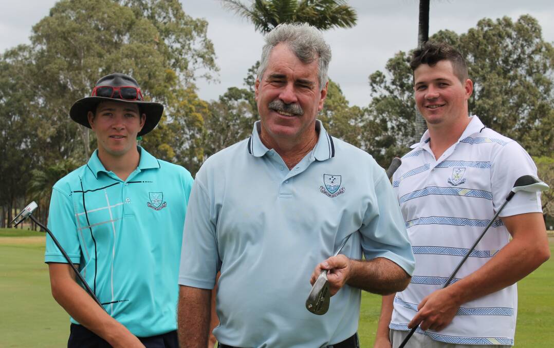 TEE-OFF: Professional golfer and host of Foxtel Sports Channel’s 'The Golf Show' Ossie Moore (centre) with Lachlan (left) and Jake Weston. Photo: Lyn Uhlmann
