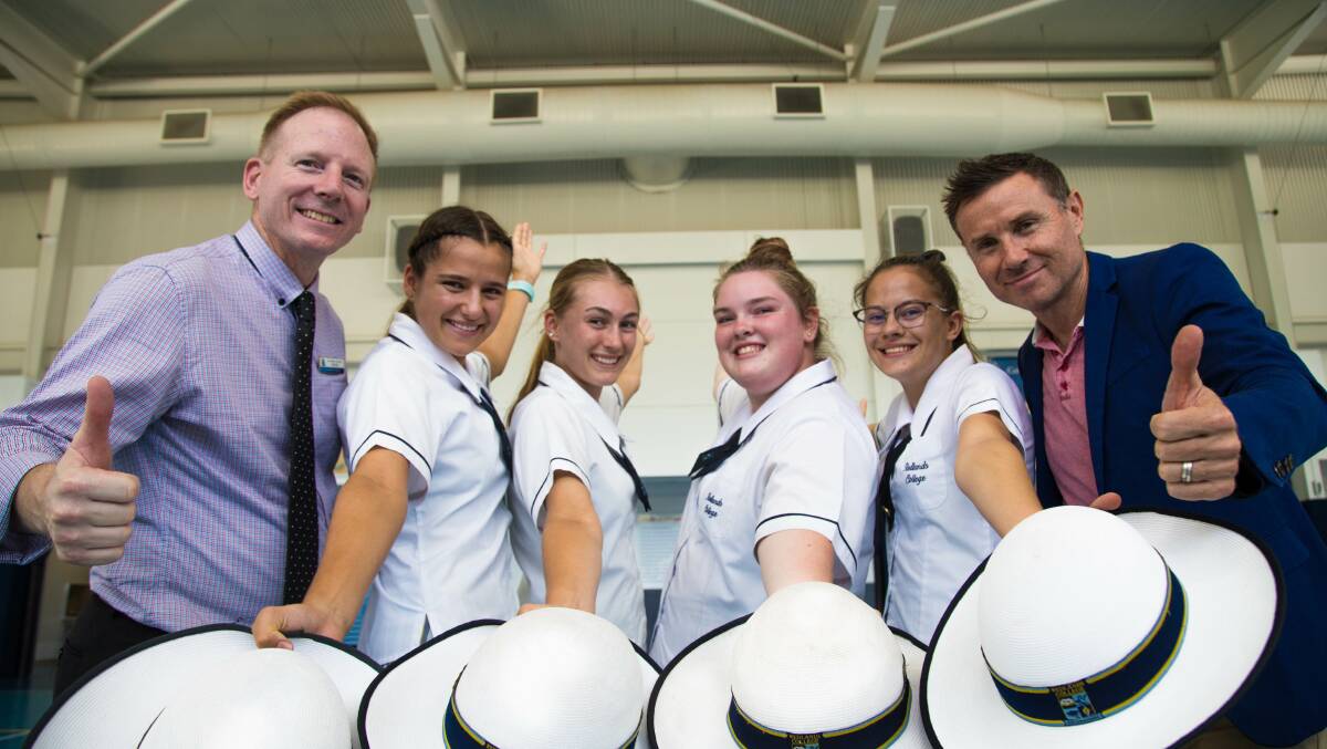 STAY COOL: Redlands College principal Andrew Johnson with students Claré Kinnear, Brooklyn Whittaker, Alexandra Finley and Miré Cloete and Bowman MP Andrew Laming.